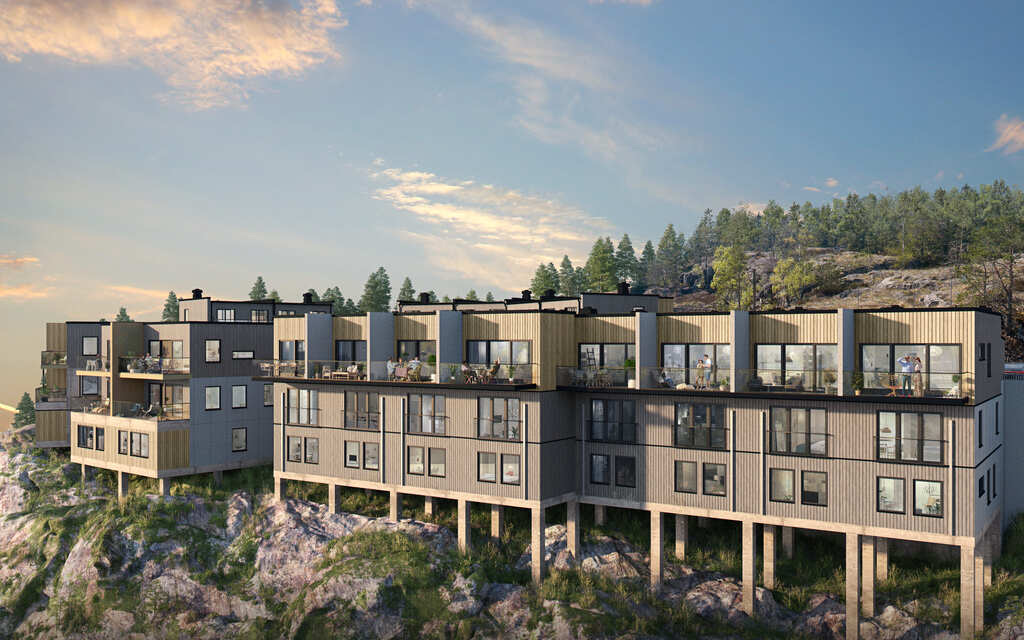 3D-visualisering av flerbostadshus med terrasser i sluttning