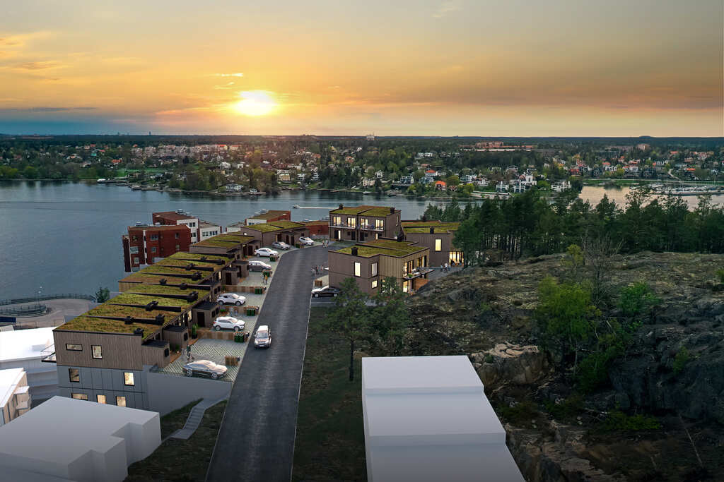 3D-visualisering av radhusområde med gröna tak vid vattnet i Stockholm