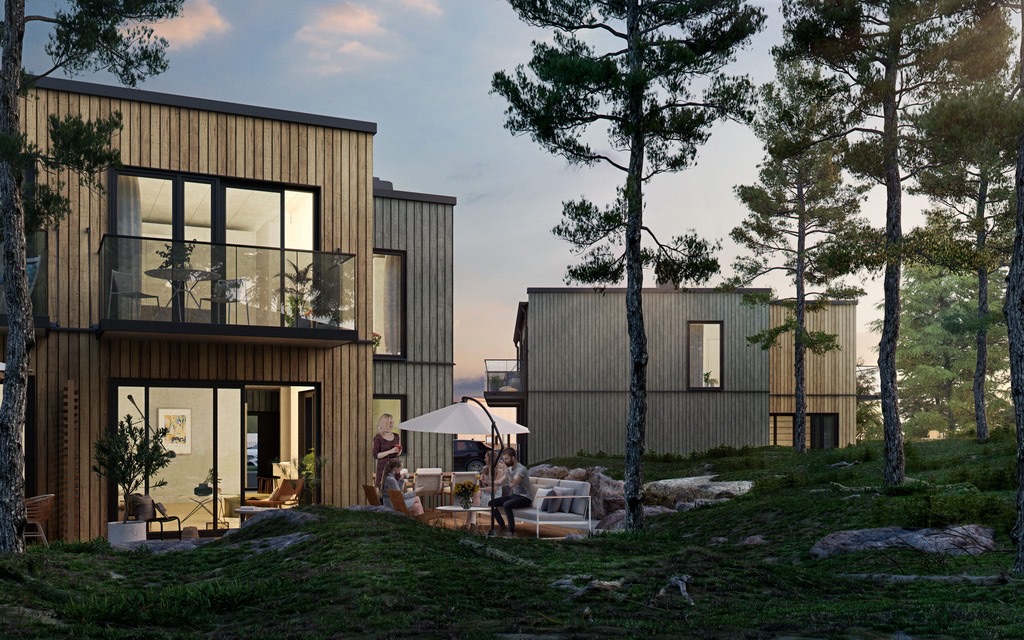 3D-visualisering av bostadshus med uteplats och entré i tallskog